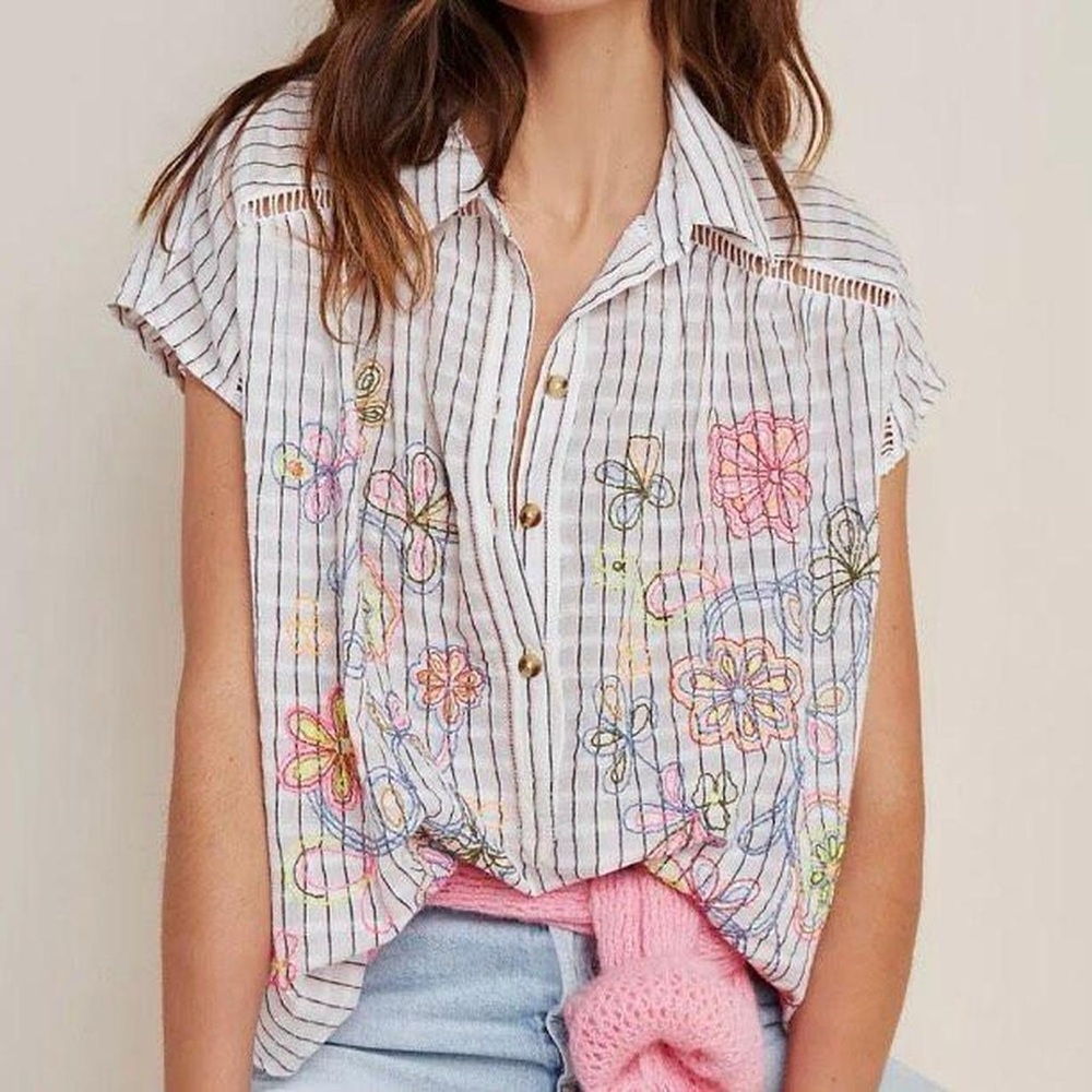 Pilcro by Anthropologie The Serena Surf Henley Blouse Size L Z511-20